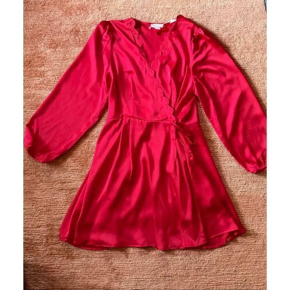 ChicSoul 2X Red Satin Scallop Faux Wrap Dress Long Sleeve Plus